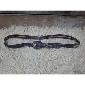 VTG J.G. Hook Brown Double Woven Weave Leather Belt Silver Buckle Ornate M